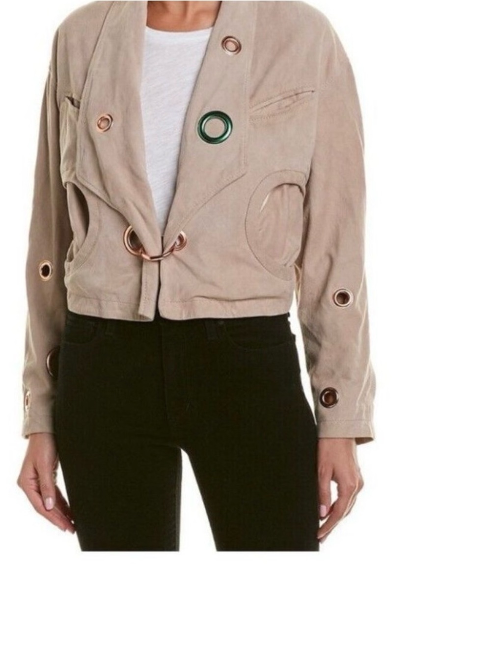 Suede Crop Jacket in Beige with Eyelet Detail